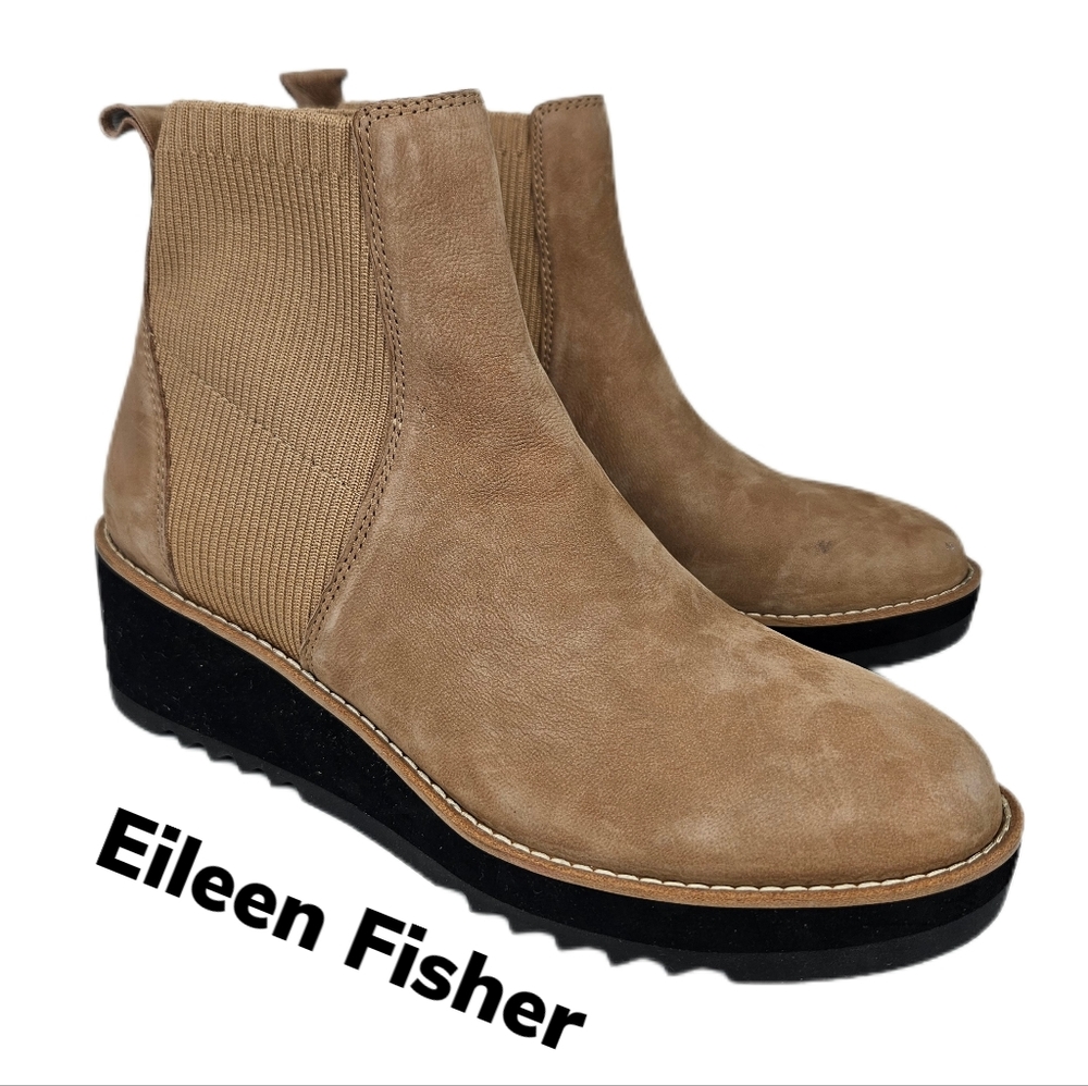 Eileen Fisher Lilou Beige Mixed Media pull on wedge Chelsea bootie sz 8.5.